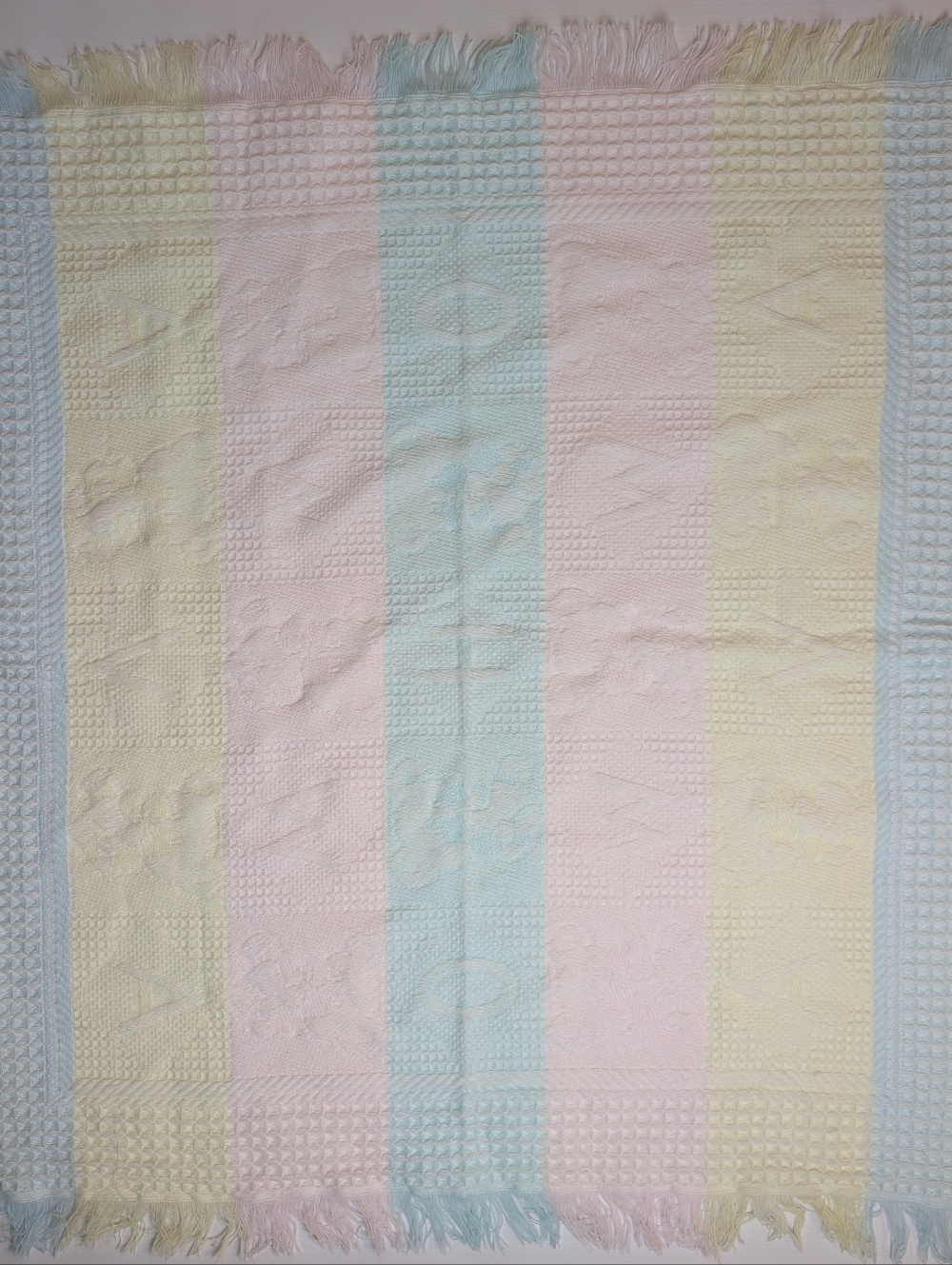 Vintage Heart Beats Pastel Woven Baby Blanket Fringe Pink Blue Knit Waffle 36"